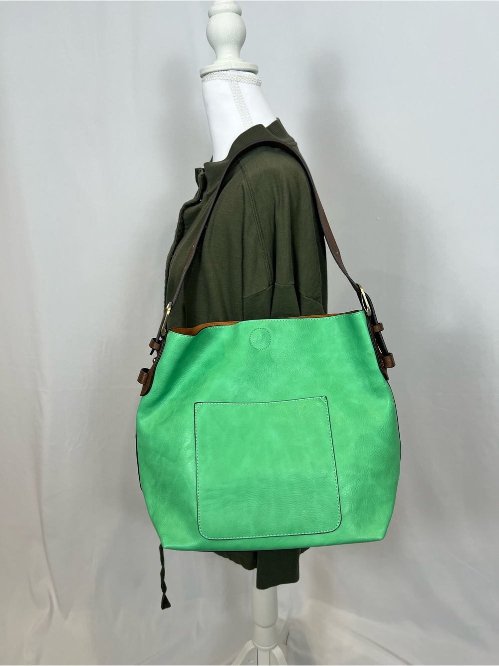 Joy Susan Green Leather Shoulder Bag with Brown Strap